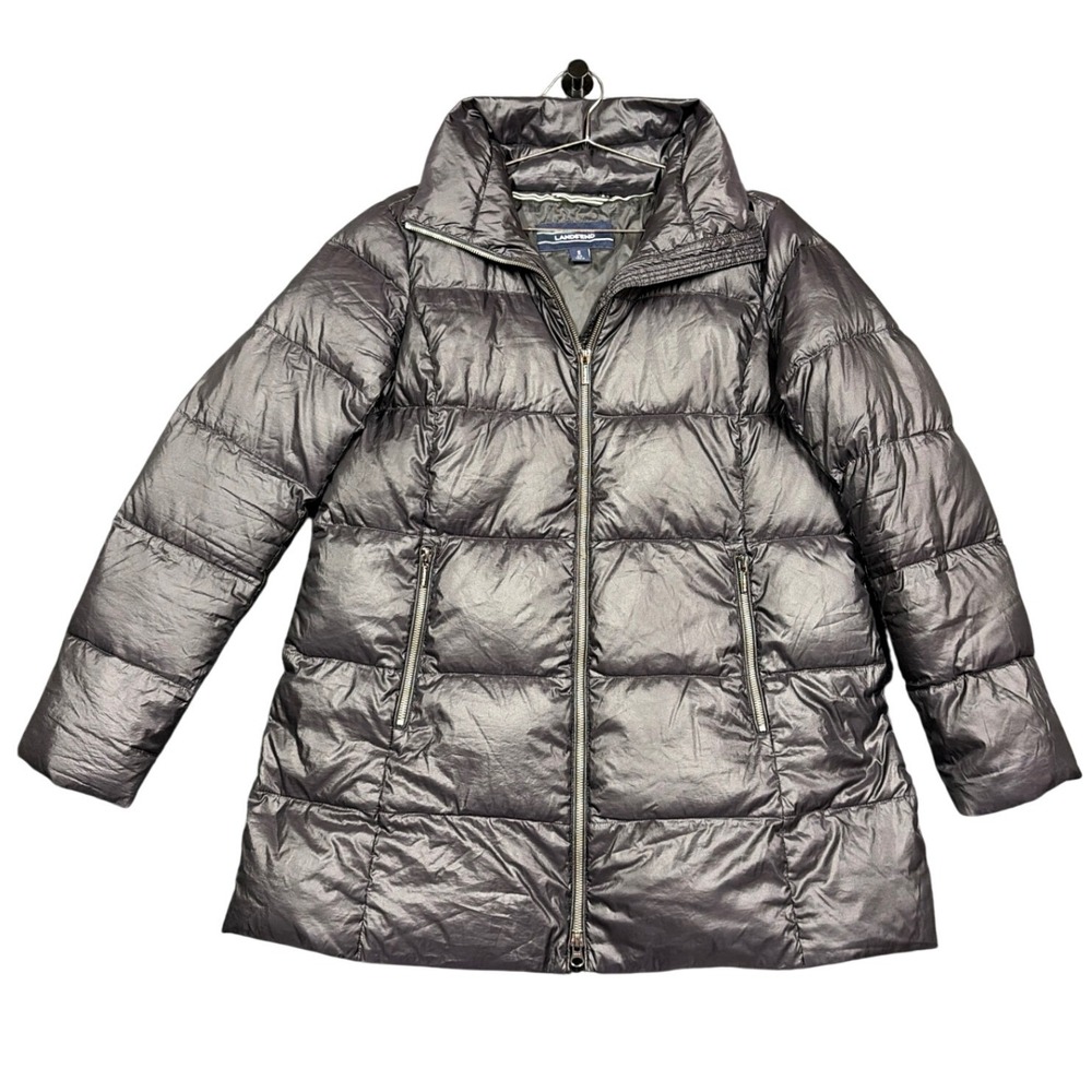 Lands' End Puffer Jacket Women S Black Down Metallic Quilted Winter Coat Warm